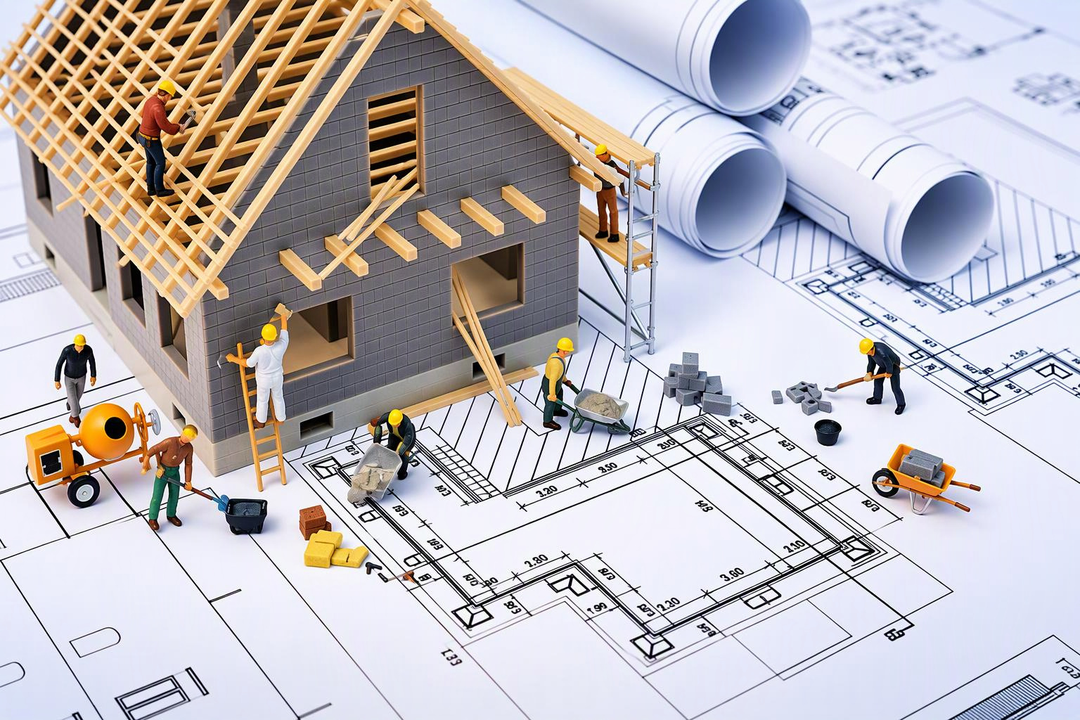 Model builders constructing a house on top of architectural drawings